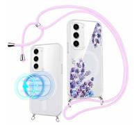 Pnakqil Coque Magnétique pour Samsung Galaxy S23 Compatible avec MagSafe avec Cordon, Transparent Étui avec Lavande Motif Aesthetic Design Collier Chaîne Housse, Silicone Antichoc Protection Case