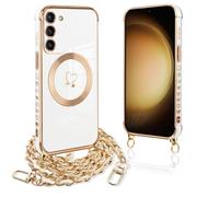 Pnakqil Coque Magnétique pour Samsung Galaxy S23 Plus 5G Con Cordon, Compatible avec MagSafe, Silicone Housse avec Motif Coeur d'amour Collier Lanyard, pour Samsung S23+ 6.6", Chaine-Blanc Or