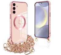 Pnakqil Coque Magnétique pour Samsung Galaxy S24 Con Cordon, Compatible avec MagSafe, Silicone Housse avec Motif Coeur d'amour Collier Lanyard, Antichoc Etui pour Samsung S24, Chaine-Rose Or