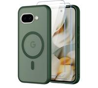 Pnakqil Coque pour Google Pixel 9A 5G Compatible avec MagSafe,Givré Translucide Magnétique Housse mit 2 Verre Trempé,Antichoc Anti-Rayures Anti-Jaune Mat Rigide Étui Case,Vert Foncé
