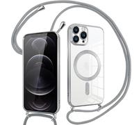 Pnakqil Coque pour iPhone 12 Pro avec Cordon, Compatible avec MagSafe, Transparent Silicone Ultra Mince Housse avec Réglable Collier, Aesthetic Antichoc Protection Magnétique Housse, Argent
