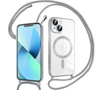 Pnakqil Coque pour iPhone 13 avec Cordon, Compatible avec MagSafe, Transparent Silicone Ultra Mince Housse avec Réglable Collier, Aesthetic Antichoc Protection Magnétique Housse, Argent