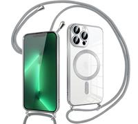 Pnakqil Coque pour iPhone 13 Pro Max avec Cordon, Compatible avec MagSafe, Transparent Silicone Ultra Mince Housse avec Réglable Collier, Aesthetic Antichoc Protection Magnétique Housse, Argent
