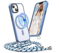 Pnakqil Coque pour iPhone 14/13 avec Cordon, Compatible avec MagSafe, Étui Magnétique Transparente avec Lanière Réglable & Amovible, Housse Anti-Perte à Bandoulière pour iPhone 14/13, Bleu