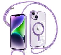 Pnakqil Coque pour iPhone 14 avec Cordon, Compatible avec MagSafe, Transparent Silicone Ultra Mince Housse avec Collier Cordage, Magnétique Case pour iPhone 14, Purple