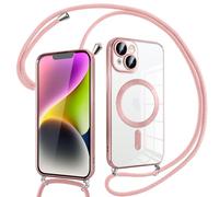 Pnakqil Coque pour iPhone 14 avec Cordon, Compatible avec MagSafe, Transparent Silicone Ultra Mince Housse avec Collier Cordage, Magnétique Case pour iPhone 14, Bandoulière-Rose