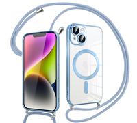 Pnakqil Coque pour iPhone 14 avec Cordon, Compatible avec MagSafe, Transparent Silicone Ultra Mince Housse avec Collier Cordage, Magnétique Case pour iPhone 14, Bandoulière-Bleu