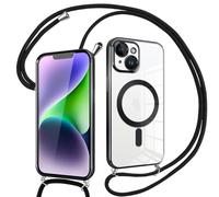 Pnakqil Coque pour iPhone 14 avec Cordon, Compatible avec MagSafe, Transparent Silicone Ultra Mince Housse avec Collier Cordage, Magnétique Case pour iPhone 14, Noir