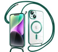 Pnakqil Coque pour iPhone 14 avec Cordon, Compatible avec MagSafe, Transparent Silicone Ultra Mince Housse avec avec Réglable Collier, Aesthetic Antichoc Protection Magnétique Housse, Vert