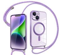 Pnakqil Coque pour iPhone 14 Plus avec Cordon, Compatible avec MagSafe, Transparent Silicone Ultra Mince Housse avec Collier Cordage, Magnétique Case pour iPhone 14Plus, Pourpre
