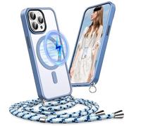 Pnakqil Coque pour iPhone 14 Pro avec Cordon, Compatible avec MagSafe, Étui Magnétique Transparente avec Lanière Réglable & Amovible, Housse Anti-Perte à Bandoulière pour iPhone 14 Pro, Bleu