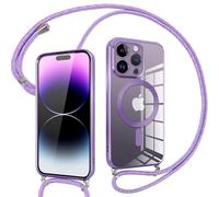 Pnakqil Coque pour iPhone 14 Pro avec Cordon, Compatible avec MagSafe, Transparent Silicone Ultra Mince Housse avec Collier Cordage, Magnétique Case pour iPhone 14Pro, Pourpre