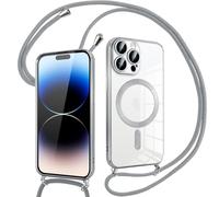 Pnakqil Coque pour iPhone 14 Pro avec Cordon, Compatible avec MagSafe, Transparent Silicone Ultra Mince Housse avec Réglable Collier, Aesthetic Antichoc Protection Magnétique Housse, Argent