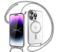 Pnakqil Coque pour iPhone 14 Pro Max avec Cordon, Compatible avec MagSafe, Transparent Silicone Ultra Mince Housse avec avec Réglable Collier, Aesthetic Antichoc Protection Magnétique Housse, Argent