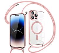 Pnakqil Coque pour iPhone 14 Pro Max avec Cordon, Compatible avec MagSafe, Transparent Silicone Ultra Mince Housse avec Collier Cordage, Magnétique Case pour iPhone 14Pro Max, Bandoulière-Rose