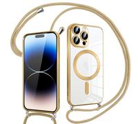 Pnakqil Coque pour iPhone 14 Pro Max avec Cordon, Compatible avec MagSafe, Transparent Silicone Ultra Mince Housse avec Collier Cordage, Magnétique Case pour iPhone 14Pro Max, Bandoulière-Or