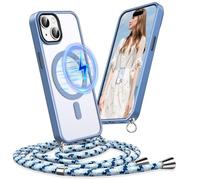 Pnakqil Coque pour iPhone 15 avec Cordon, Compatible avec MagSafe, Étui Magnétique Transparente avec Lanière Réglable & Amovible, Housse Anti-Perte à Bandoulière pour iPhone 15, Bleu