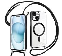 Pnakqil Coque pour iPhone 15 avec Cordon, Compatible avec MagSafe, Transparent Silicone Ultra Mince Housse avec Collier Cordage, Magnétique Case pour iPhone 15, Noir