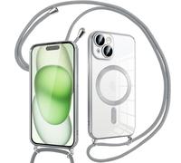 Pnakqil Coque pour iPhone 15 avec Cordon, Compatible avec MagSafe, Transparent Silicone Ultra Mince Housse avec Réglable Collier, Aesthetic Antichoc Protection Magnétique Housse, Argent