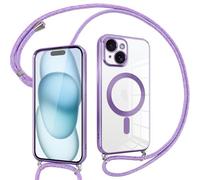 Pnakqil Coque pour iPhone 15 avec Cordon, Compatible avec MagSafe, Transparent Silicone Ultra Mince Housse avec Collier Cordage, Magnétique Case pour iPhone 15, Pourpre