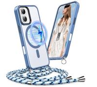 Pnakqil Coque pour iPhone 16 avec Cordon, Compatible avec MagSafe, Étui Magnétique Transparente avec Lanière Réglable & Amovible, Housse Anti-Perte à Bandoulière pour iPhone 16, Bleu