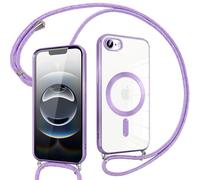 Pnakqil Coque pour iPhone 16e avec Cordon, Compatible avec MagSafe, Transparent Silicone Ultra Mince Housse avec Réglable Collier, Antichoc Protection Magnétique Housse, Bandoulière-Violet