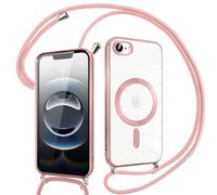 Pnakqil Coque pour iPhone 16e avec Cordon, Compatible avec MagSafe, Transparent Silicone Ultra Mince Housse avec Réglable Collier, Antichoc Protection Magnétique Housse, Bandoulière-Rose