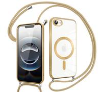 Pnakqil Coque pour iPhone 16e avec Cordon, Compatible avec MagSafe, Transparent Silicone Ultra Mince Housse avec Réglable Collier, Antichoc Protection Magnétique Housse, Bandoulière-Or
