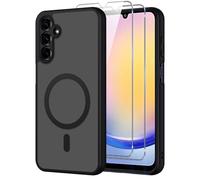 Pnakqil Coque pour Samsung Galaxy A25 5G Compatible avec MagSafe,Givré Translucide Magnétique Housse mit 2 Verre Trempé,Antichoc Anti-Rayures Anti-Jaune Contre Les Chutes Mat Rigide Étui Case,Noir