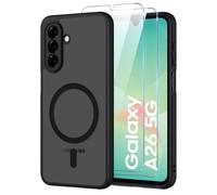 Pnakqil Coque pour Samsung Galaxy A26 5G Compatible avec MagSafe,Givré Translucide Magnétique Housse mit 2 Verre Trempé,Antichoc Anti-Rayures Anti-Jaune Contre Les Chutes Mat Rigide Étui Case,Noir