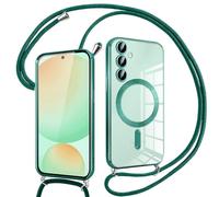 Pnakqil Coque pour Samsung Galaxy S24 FE 5G avec Cordon, Compatible avec MagSafe, Transparent Silicone Ultra Mince Housse avec Réglable Collier, Aesthetic Antichoc Protection Magnétique Housse, Vert
