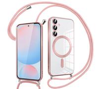 Pnakqil Coque pour Samsung Galaxy S24 FE 5G avec Cordon, Compatible avec MagSafe, Transparent Silicone Ultra Mince Housse avec Réglable Collier, Aesthetic Antichoc Protection Magnétique Housse, Rose