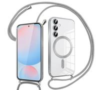 Pnakqil Coque pour Samsung Galaxy S24 FE 5G avec Cordon, Compatible avec MagSafe, Transparent Silicone Ultra Mince Housse avec Réglable Collier, Aesthetic Antichoc Protection Magnétique Housse, Argent