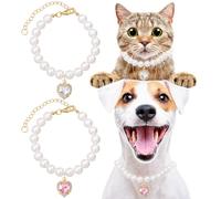 Pndeyo Lot de 2 colliers de perles pour chien et chat - Collier mignon en forme de cœur avec strass blancs et roses - Pour mariage, anniversaire, chiot et petits chiens