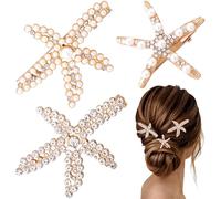 Pndeyo Lot de 3 barrettes à cheveux en forme d'étoile de mer pour femme avec strass scintillants et perles - Accessoires de cheveux longs ondulés et raides - Doré