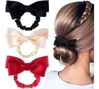 Pndeyo Lot de 3 chouchous avec nœud en ruban pour femme, élastiques et antidérapants pour cheveux longs, épais, fins, bouclés et raides - Noir, rouge et blanc