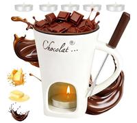 Pnedeodm Chocolate Fondue Mug, Chocolate Melting Cup, Handmade Chocolate Melting Mug with Candles, Multi-Purpose Butter Warmer with Fondue Forks, Fondue Cup Heated with Tealight for Christmas (White)
