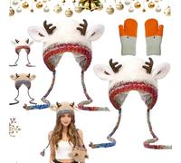 Pnedeodm Festive Christmas Antler Hat, Fluffy Winter Antler Hat & Bag 2-in-1 Converts into a Storage Bag, Knitted Windproof Warm Hats with Ear Flaps for Big Small Head (2, Beige, One Size)