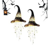 Pnedeodm Lighted Witch Hat Hanging Chime, Halloween Hanging Witch Hats with LED Star Lights, Glow Decor for Porch Indoor Outdoor, Halloween Party Decoration (2Pcs)