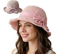 Pnedeodm Versatile Retro Woven Handmade Straw Hat with Ruffled Bow, Breathable Foldable Straw Bucket Hats, Wide Brim Beach Hat for Summer Travel (Pink)