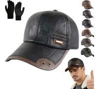 Pnedeodm Warm Leather Baseball Cap - Windproof PU Leather Baseball Cap, Shell Fleece Lining Casual Leathers Earflap Cap for Men Fall Winter Outdoor (Black-A)