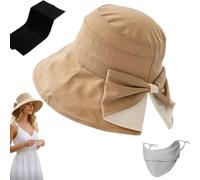 Pnedeodm Women's Bowknot Wide Brim Sun Protective Hat, Foldable Straw Summer Beach Cap with 360° UV Protection for Vacation Travel (Khaki)