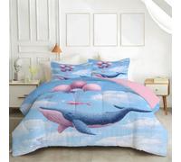 PNH ouette 220x240 Imprimée Baleine Volante Couette 4 Saisons Lavable, Doux et Confortable, Édredon Réversible Papillons Bleus Edredon Lit 2 Personnes MH-15