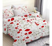 PNHCL Couette Imprimée 140x200 sans Housse Lavable Fleurs Rouges - Couette 1 Personne 4 Saisons Plantes Vertes Légère et Chaude, Édredon Réversible pour Enfant Fille Garçon MP103