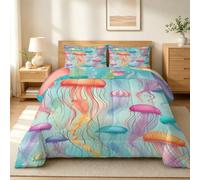 PNH ouette Imprimée 160x200 Méduses Multicolores Couette 1 Personne 4 Saisons Réversible Espèces Marines Légère et Chaude Édredon pour Lit Simple Ado Fille Garçon MJ56