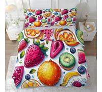 PNHCL Ensemble Housse de Couette 220x240 Enfant Thème des Fruits Parure de Lit 2 Personnes Fraises Housse Couette Zippée Dessin Animé Microfibre avec 2 Taies d'oreiller pour Ado Fille Garcon MY92