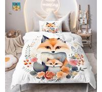 PNHCL Housse de Couette 120x150 cm - Parure Lit 1 Personne Renard Fleurs - Housse Couette Douce - 1 Taie d'oreiller 40x60 cm - Animaux Adorables - Enfant Fille Garçon Déco Chambre MU30