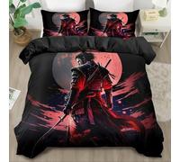 PNHCL Housse de Couette 140x200 cm 1 Personne, Housse de Couette Samouraï Lune Rouge Microfibre, Parure de Lit Style Japonais Fermeture éclair avec 2 Taie d'oreiller -TR7
