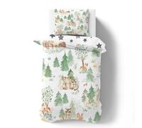 PNHCL Housse de Couette 140x200 cm - Parure Lit Enfant Renards Ecureuils Lapins - Microfibre Douce - 2 Taies d'oreiller 65x65 cm - Animaux Forêt - pour Fille Garçon MA-9