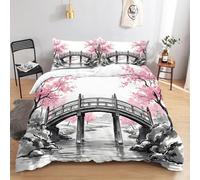 PNHCL Housse de Couette 140x200 cm Style Japonais, avec 2 Taie d'oreiller 65x65 Cm, Parure de Lit Japon, Mont Fuji, Fleurs de Cerisier Roses, Housse de Couette Microfibre Fermeture Éclair -Ri14